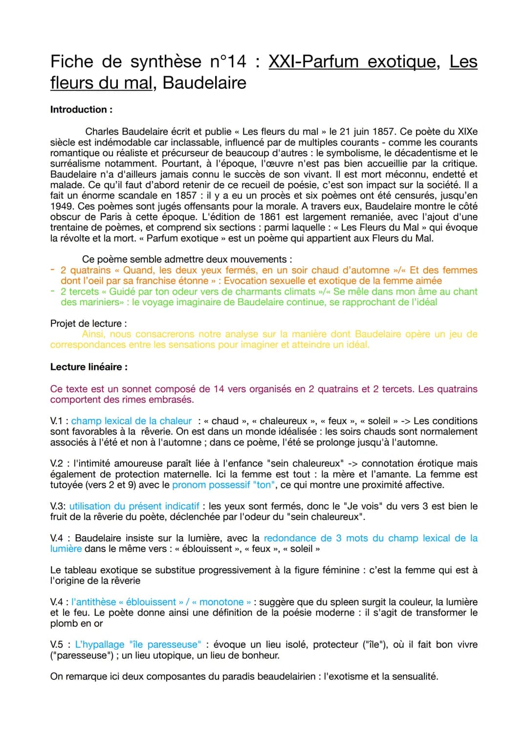 Fiche de synthèse n°14 : XXI-Parfum exotique, Les
fleurs du mal, Baudelaire
Introduction :
Charles Baudelaire écrit et publie « Les fleurs d