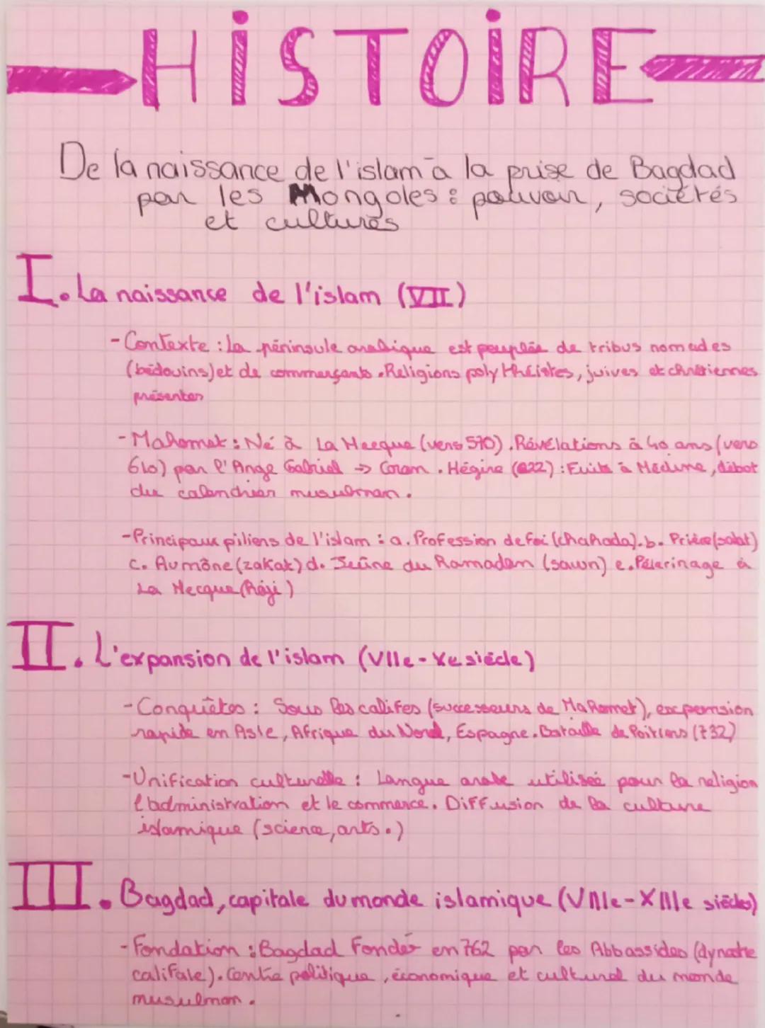 - HISTOIRE

De la naissance de l'islam a la prise de Bagdad
par les Mongoles: pouver, sociétés
et cultures.

I. La naissance de l'islam (VII
