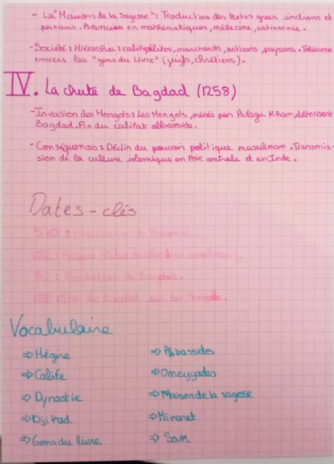 - HISTOIRE

De la naissance de l'islam a la prise de Bagdad
par les Mongoles: pouver, sociétés
et cultures.

I. La naissance de l'islam (VII