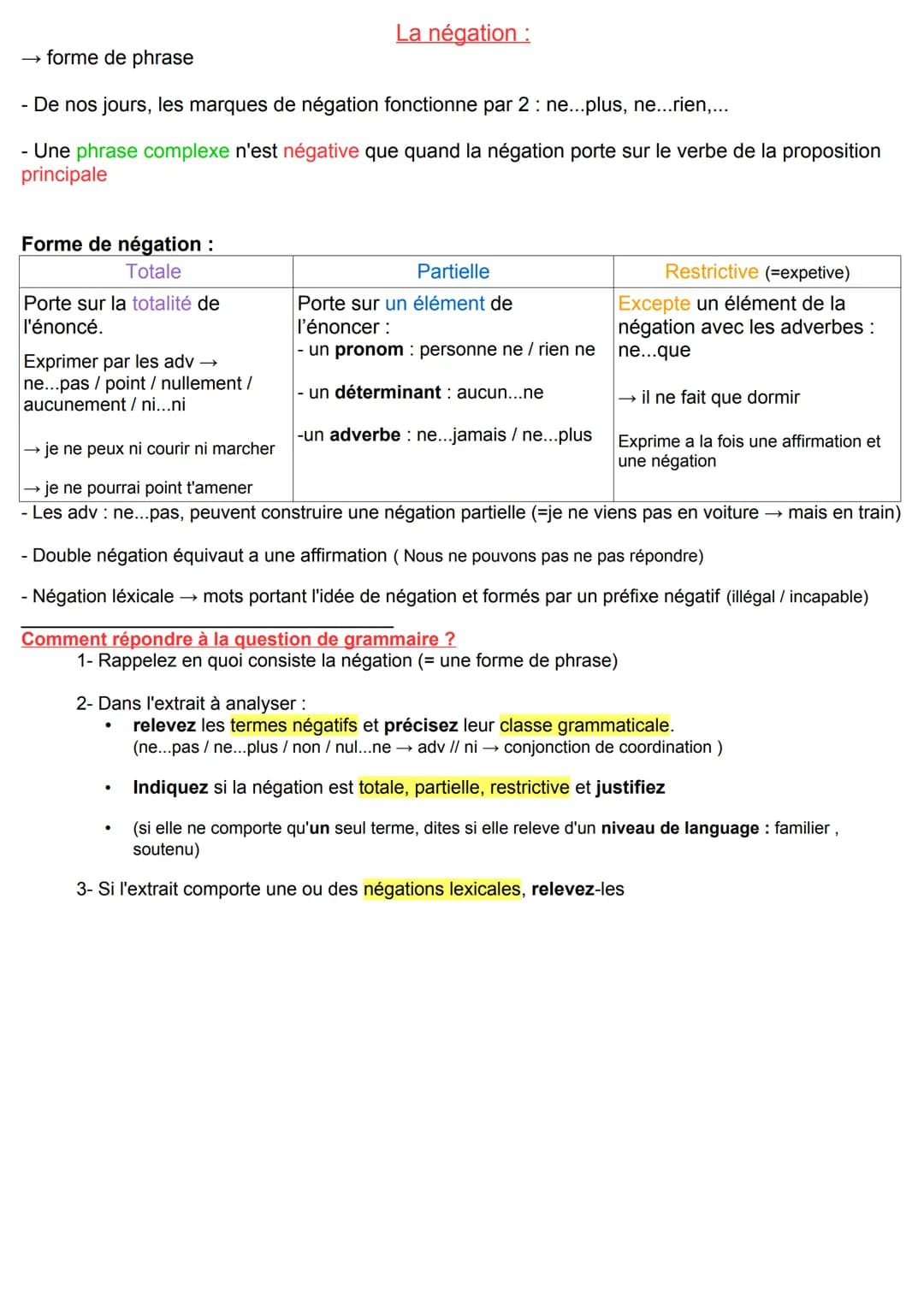 → forme de phrase
- De nos jours, les marques de négation fonctionne par 2: ne...plus, ne...rien,...
- Une phrase complexe n'est négative qu