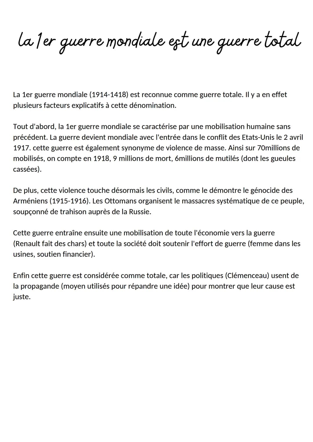 la ler guerre mondiale est une guerre total
La 1er guerre mondiale (1914-1418) est reconnue comme guerre totale. Il y a en effet
plusieurs f