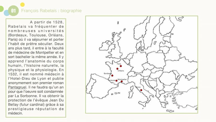 L'humanisme de
Rabelais au XVIème
siècle
Oeuvre étudiée : Gargantua (1534)
ABRAHAM Hermance Sommaire
01 François Rabelais : biographie
02 Ré