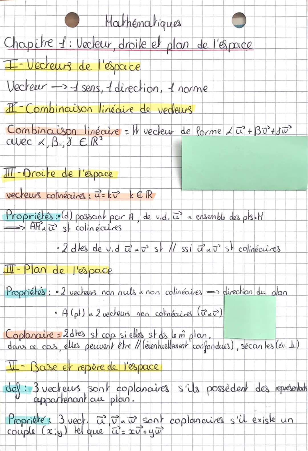 Mathématiques
Chapitre 1: Vecteur, droile et plan de l'espace.
I- Vecteurs de l'espace
Vecteur
sens, 1 direction, I norme
-Combinaison linéa