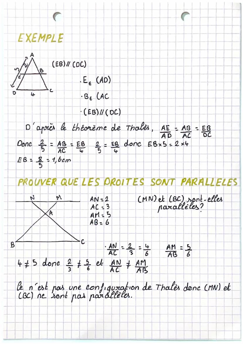.
THALES
Rédaction
."On sait que..." (longueurs
-"D'après le théorème / réciproque de Thales... " ( = = = = =)
Calculs
·Conclusion
C
EXEMPLE