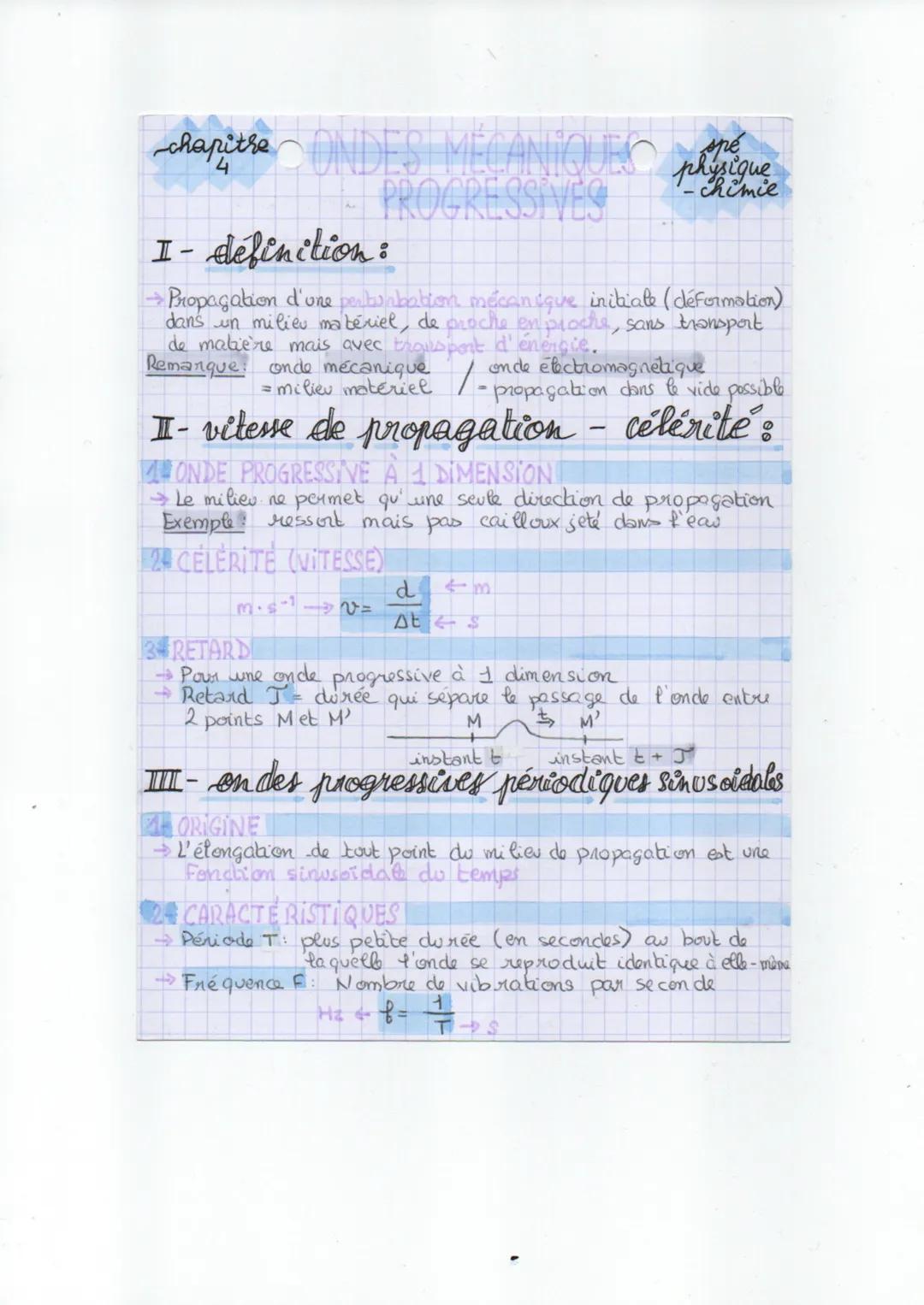 chapitre ONDES MÉCANIQUES
PROGRESSIVES
spé
physique
I - definition:
Propagation d'une perturbation mécanique initiate (déformation)
dans un 