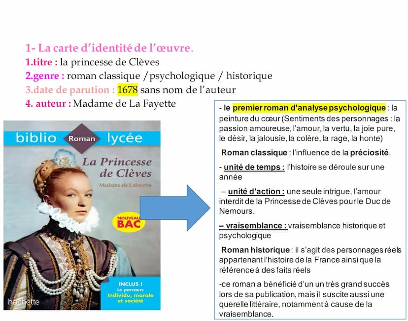Fiche de lecture de la princesse de Clèves :
OBJET D'ETUDE : Le roman et le récit du Moyen Age-au
XXIème siècle
La Princesse de Clèves, Mada