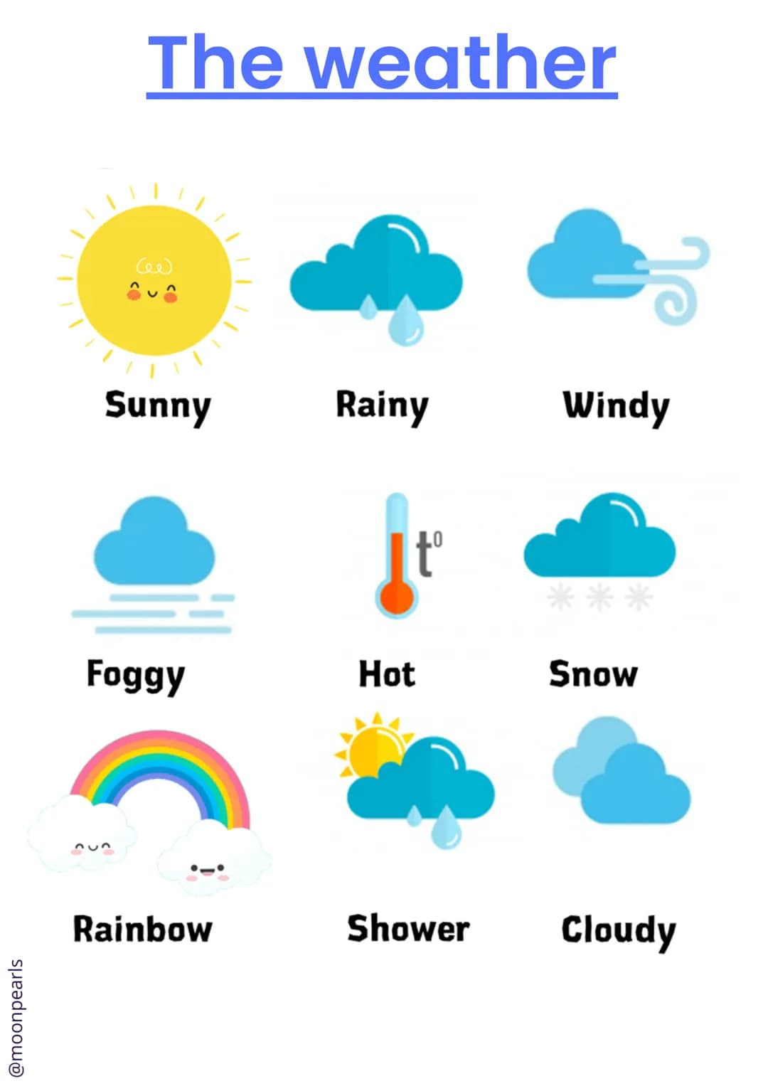 @moonpearls
The weather
(ee)
Sunny
Foggy
Rainbow
Rainy
tº
Hot
Windy
Snow
Shower Cloudy