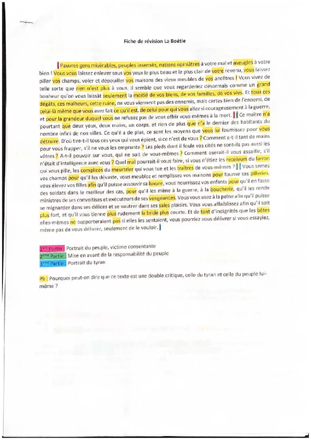 Fiche de révision sur un texte de La Boétie