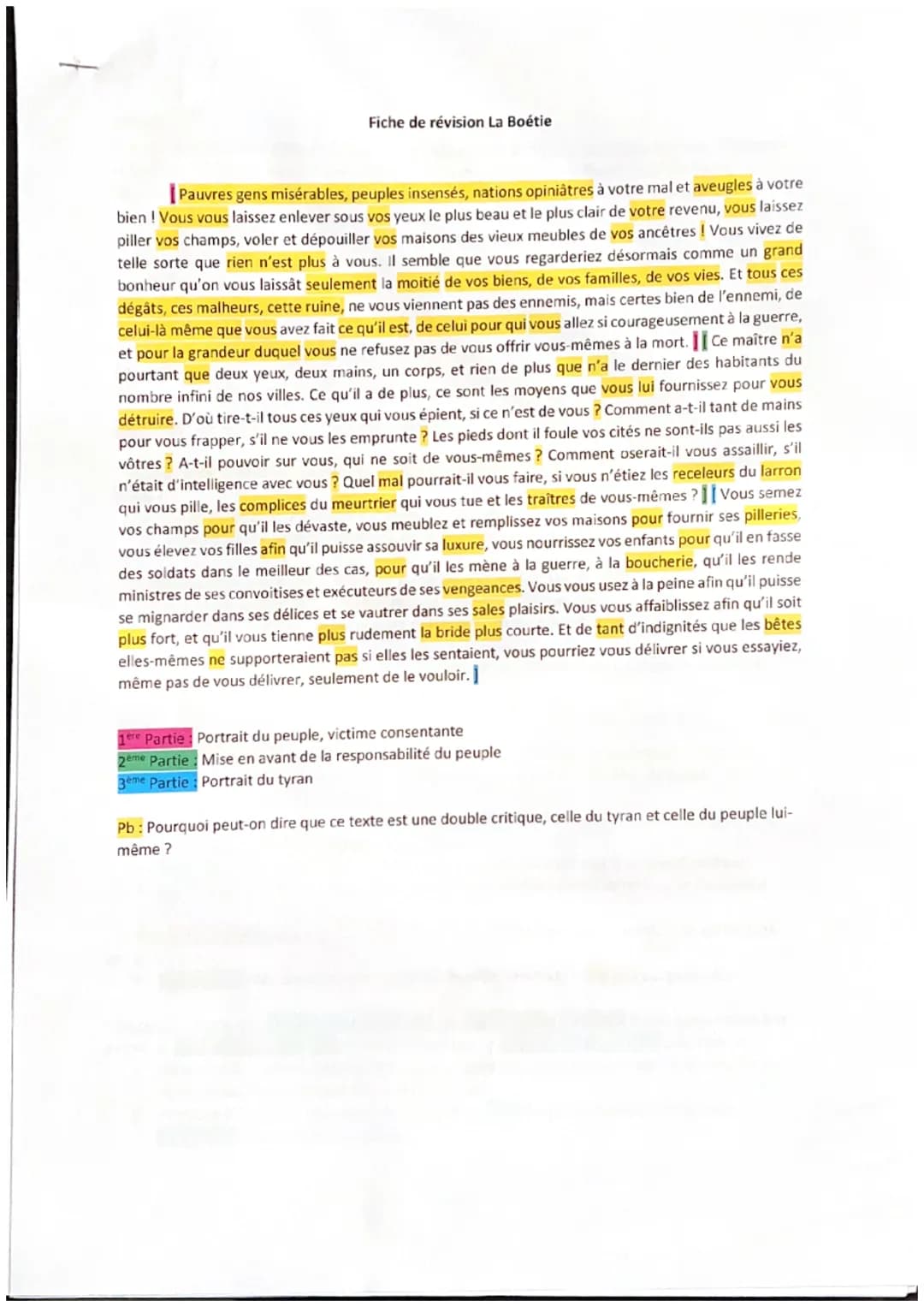 Fiche de révision La Boétie
Pauvres gens misérables, peuples insensés, nations opiniâtres à votre mal et aveugles à votre
bien ! Vous vous l