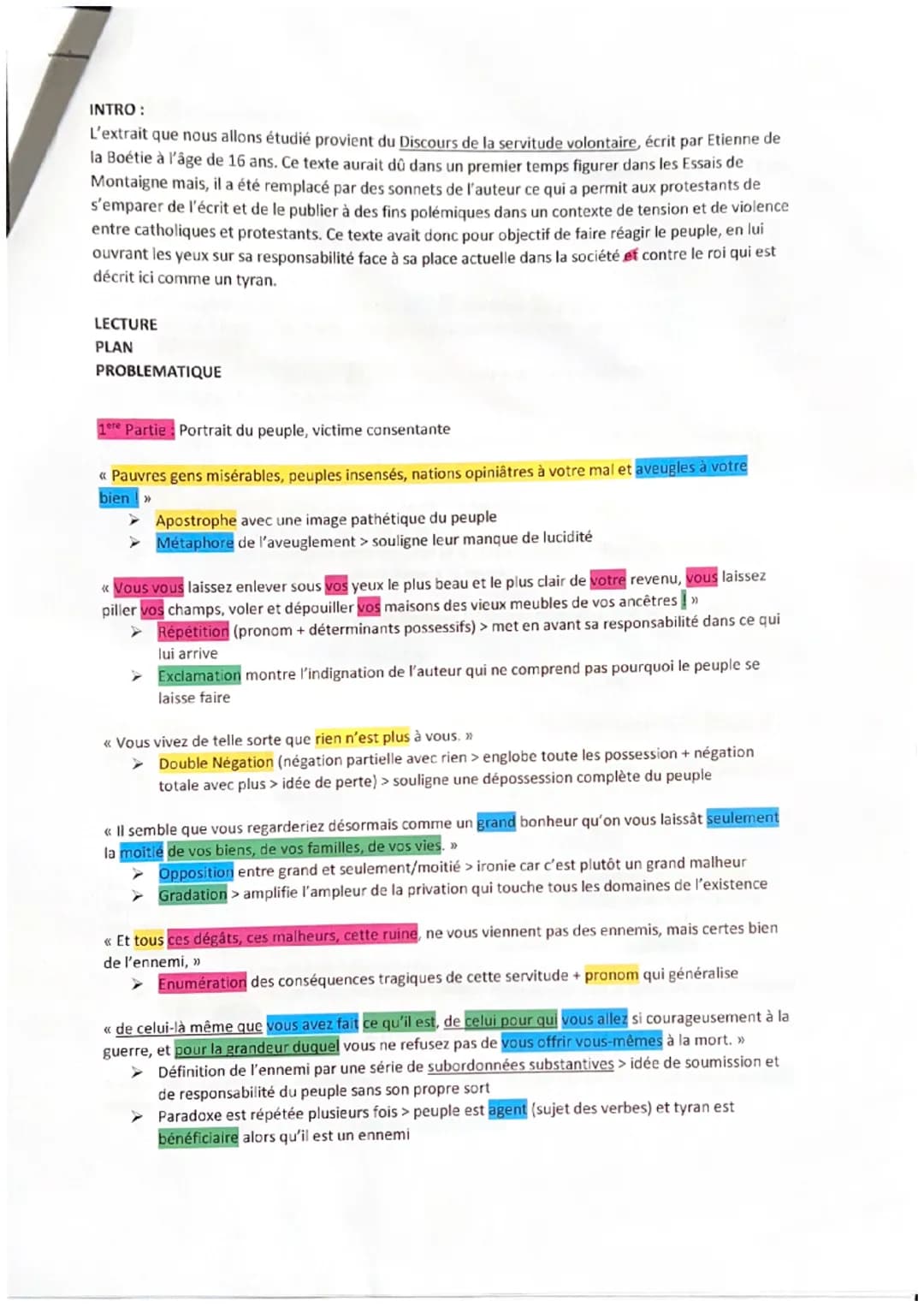 Fiche de révision La Boétie
Pauvres gens misérables, peuples insensés, nations opiniâtres à votre mal et aveugles à votre
bien ! Vous vous l