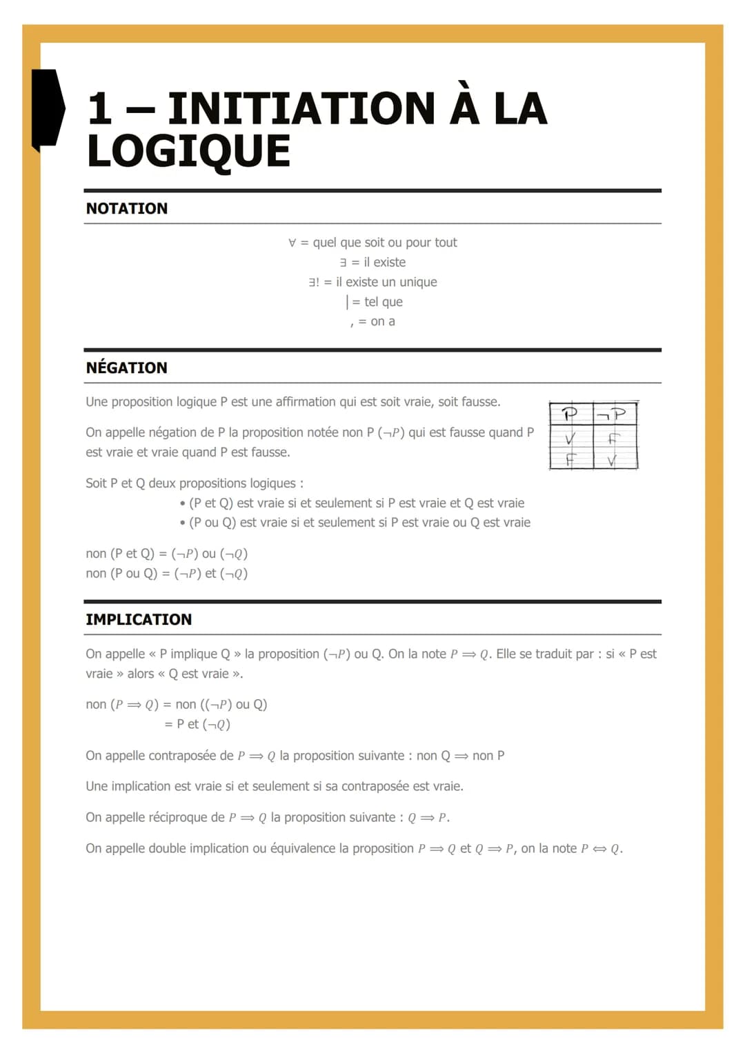 1 - INITIATION À LA
LOGIQUE
NOTATION
NÉGATION
V = quel que soit ou pour tout
3 = il existe
Une proposition logique P est une affirmation qui