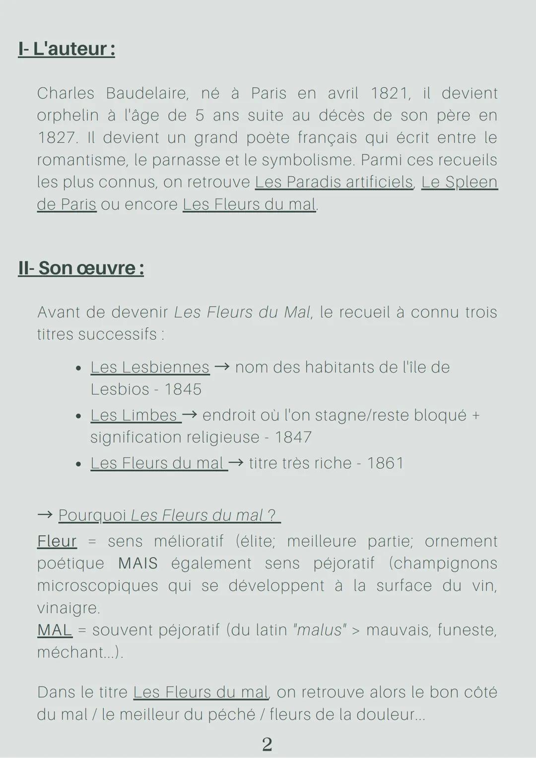 LES FLEURS
DU MAL
Charles Baudelaire
La poésie du XIXe au XXIe siècle
Parcours Alchimie poétique : la boue et l'or
1 I- L'auteur :
Charles B