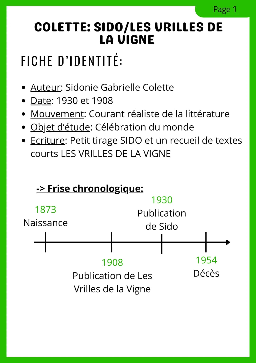 Fiche de révisions pour Dissertation Colette : Sido et les Vrilles de la Vigne