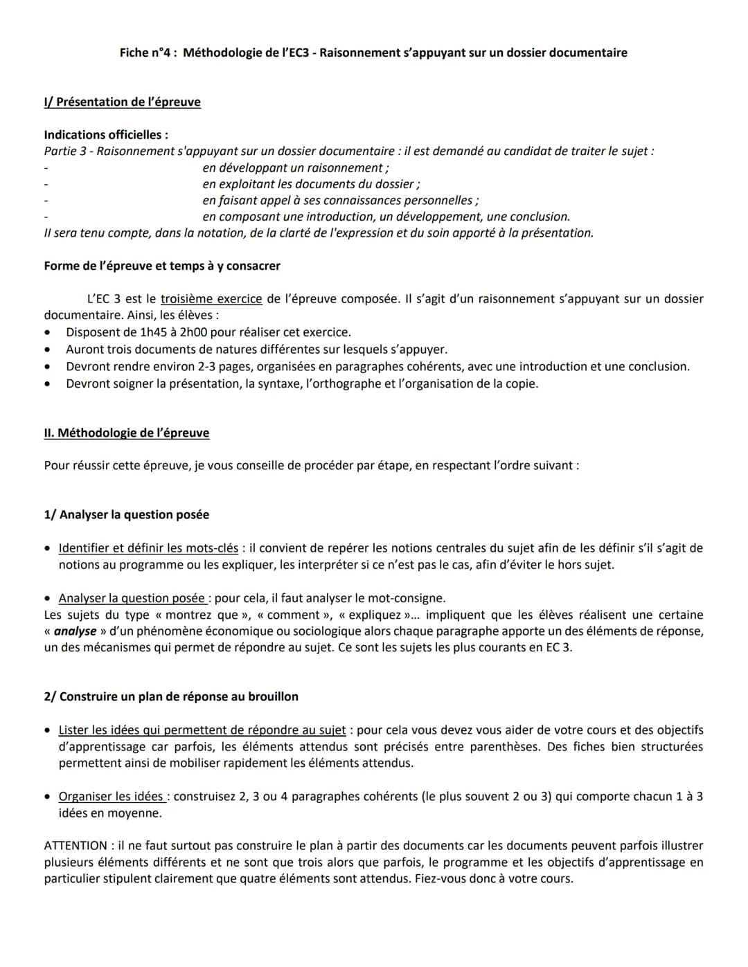 1/ Présentation de l'épreuve
Fiche n°4: Méthodologie de l'EC3 - Raisonnement s'appuyant sur un dossier documentaire
Indications officielles 