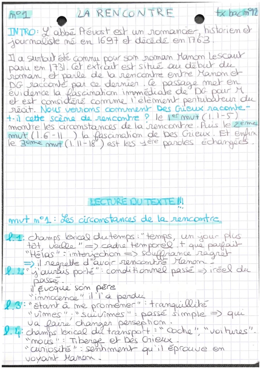 M° 1
LA RENCONTRE
tx bacm 12
INTRO: L'abbé Prévost est un romander, historien et
journaliste né en 1697 et décédé en 1763.
Il a surtout été 