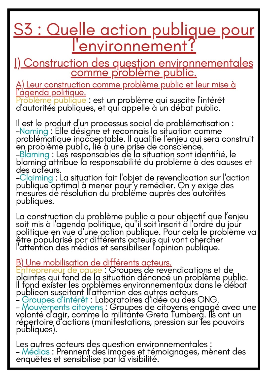 Canvar
SES
3 S3 : Quelle action publique pour
l'environnement?
1) Construction des question environnementales
comme problème public.
A) Leur