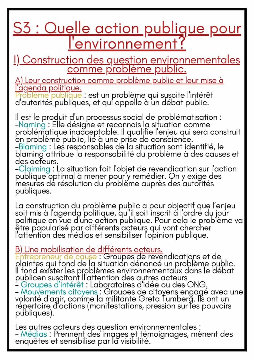 Canvar
SES
3 S3 : Quelle action publique pour
l'environnement?
1) Construction des question environnementales
comme problème public.
A) Leur
