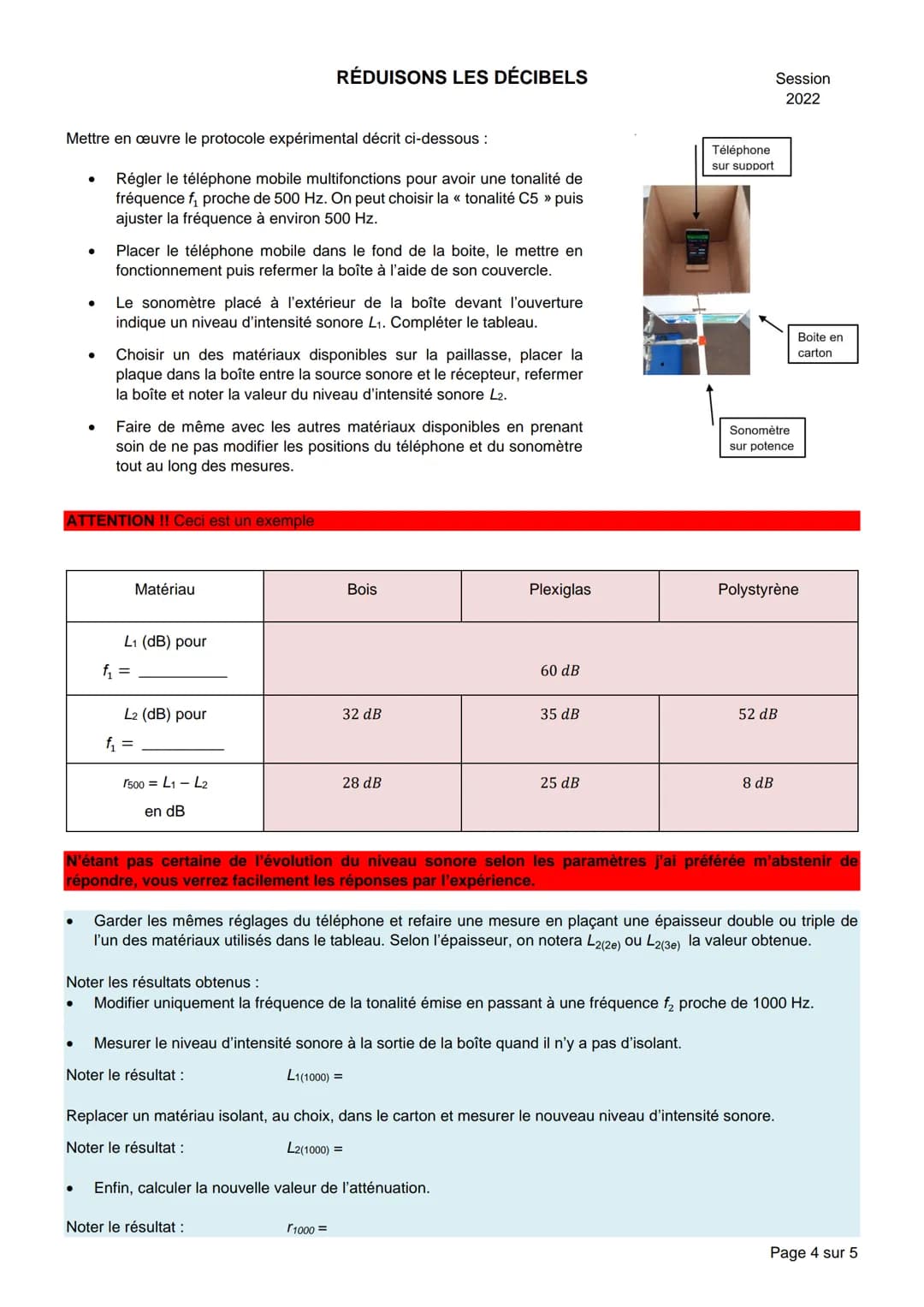 NOM :
RÉDUISONS LES DÉCIBELS
BACCALAURÉAT GÉNÉRAL
Épreuve pratique de l'enseignement de spécialité physique-chimie
Évaluation des Compétence