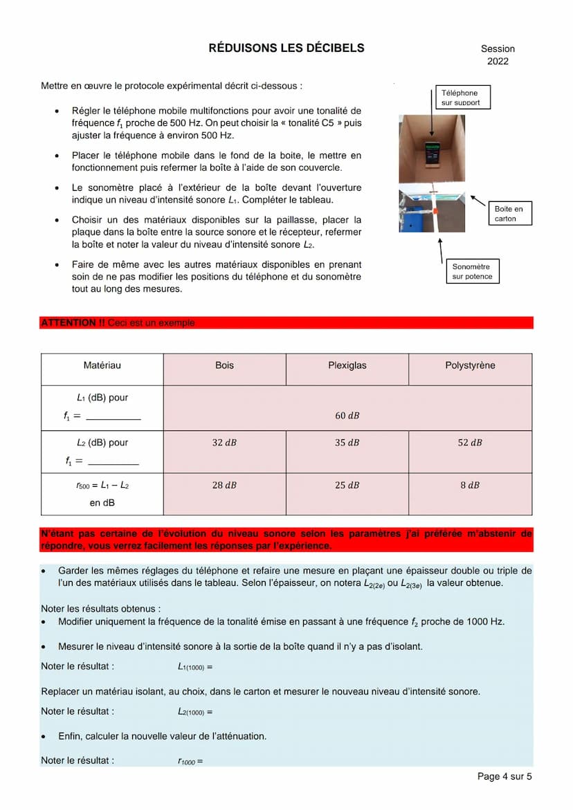 NOM :
RÉDUISONS LES DÉCIBELS
BACCALAURÉAT GÉNÉRAL
Épreuve pratique de l'enseignement de spécialité physique-chimie
Évaluation des Compétence