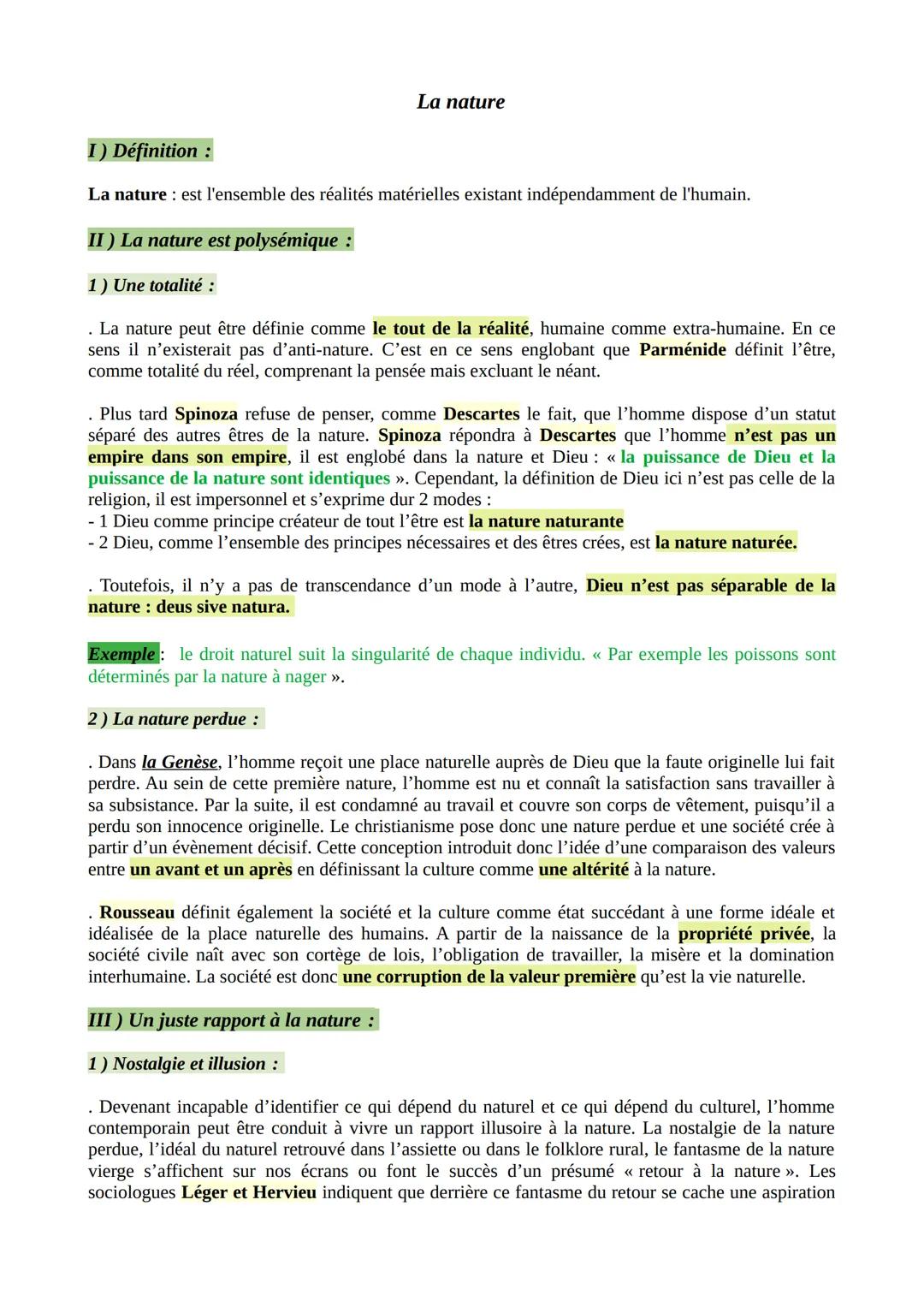 La nature
I) Définition :
La nature est l'ensemble des réalités matérielles existant indépendamment de l'humain.
II ) La nature est polysémi