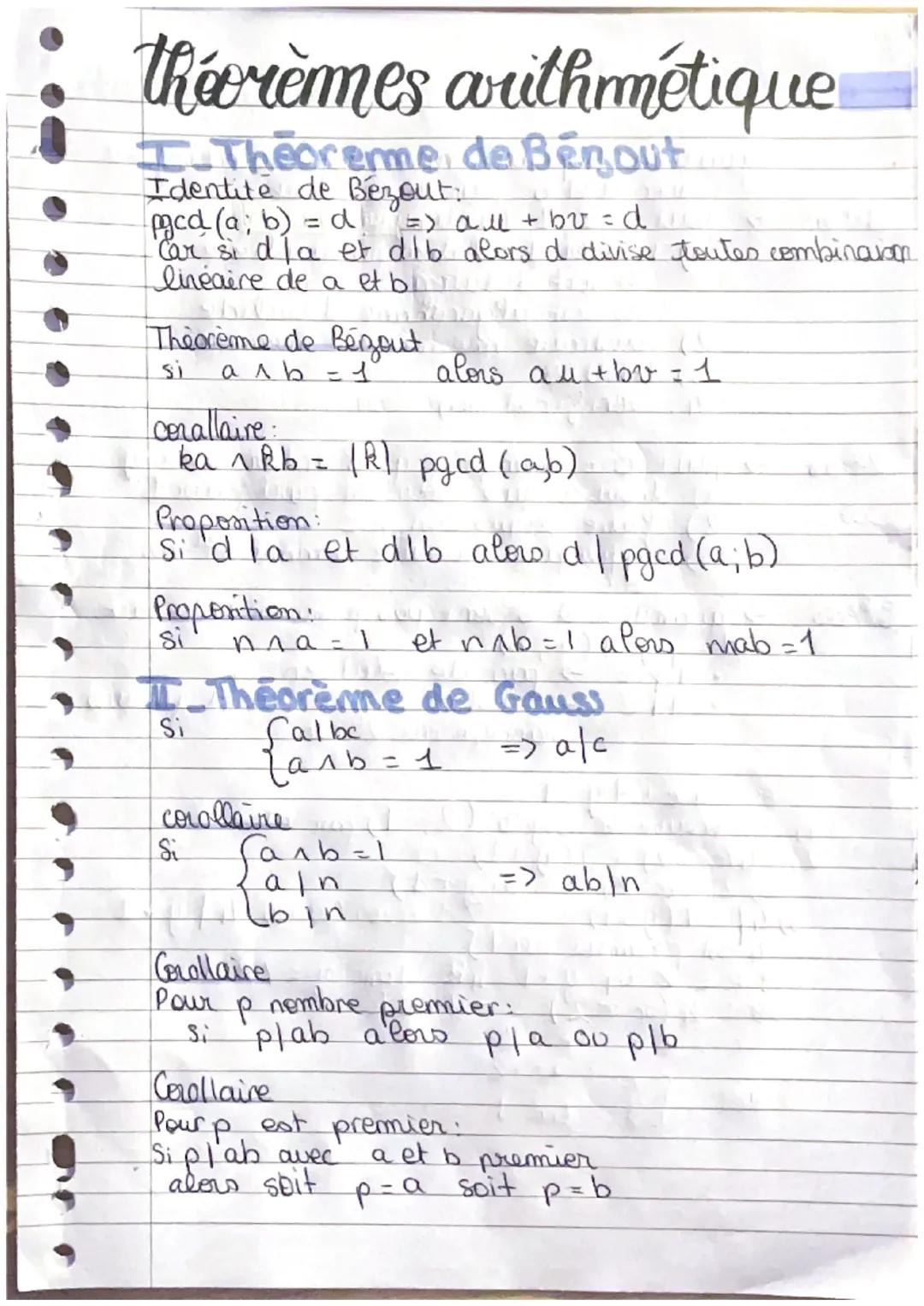 # théorèmes arithmétique

I. Theoreme, de Bénout
Identite de Bezout: Bezout:
mcd (a; b) = d => all + bv = d
Car si dla et dlb alors d divise