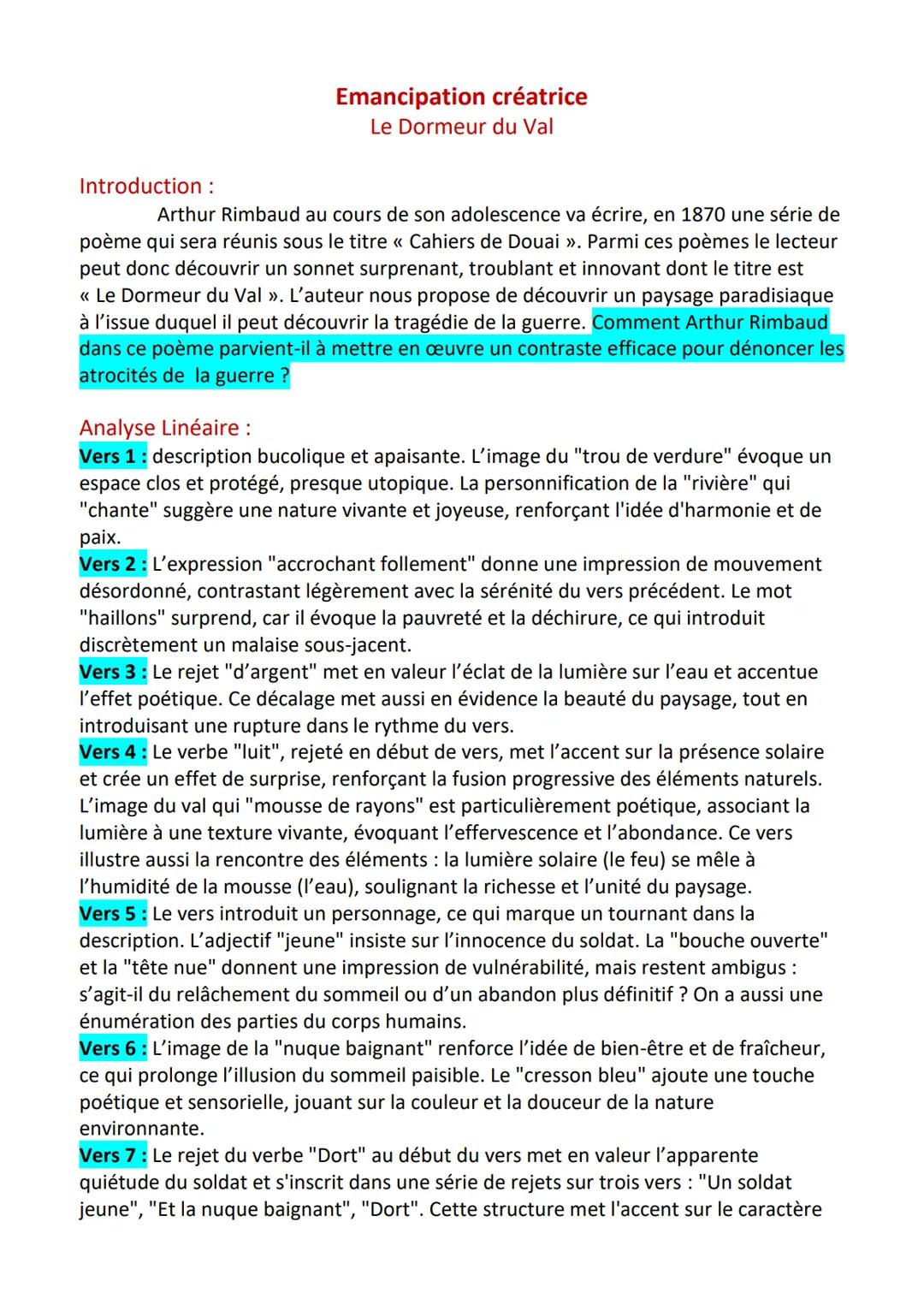 --- OCR Start ---
Emancipation créatrice
Le Dormeur du Val
Introduction:
Arthur Rimbaud au cours de son adolescence va écrire, en 1870 une s