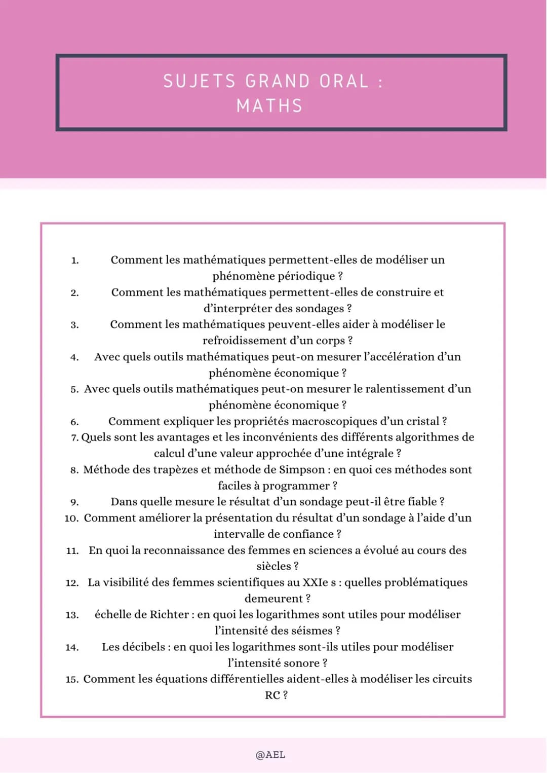 1.
2.
3.
SUJETS GRAND ORAL :
MATHS
Comment les mathématiques permettent-elles de modéliser un
phénomène périodique ?
4. Avec quels outils
ma