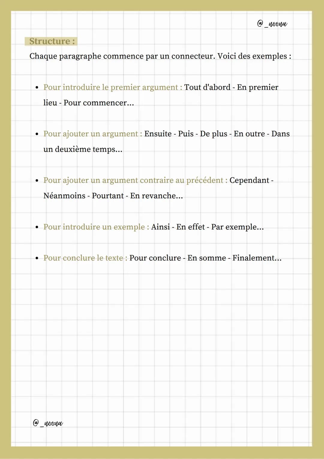 Largumentation
Structure:
@_noona
Définition:
1. La thèse : c'est l'idée que je veux défendre.
2. Les arguments : ce sont les raisons qui vi