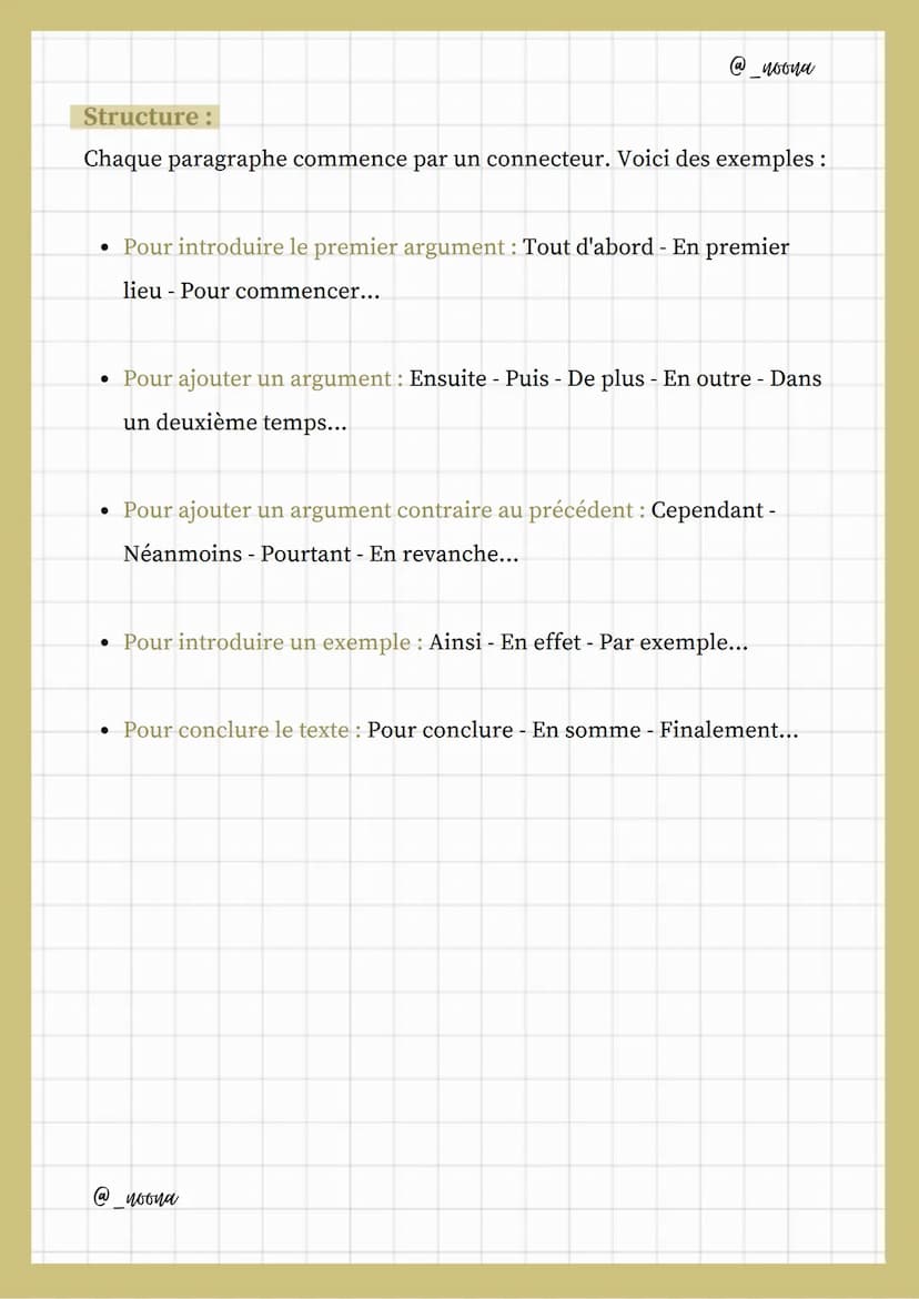 Largumentation
Structure:
@_noona
Définition:
1. La thèse : c'est l'idée que je veux défendre.
2. Les arguments : ce sont les raisons qui vi