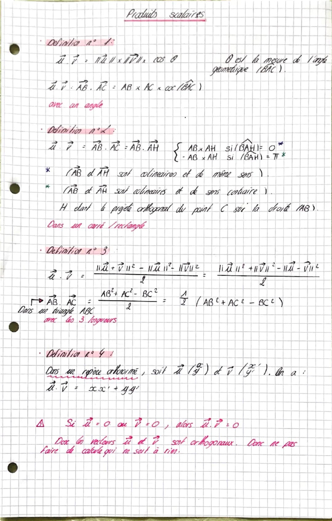 Definition n° 1:
Produits
Scalaires
=
ull x 11 x cos O
O est la mesure do V'angle
geometrique (BAC).
uv: AB. AC = AB X AC x coc (BAC)
avec u