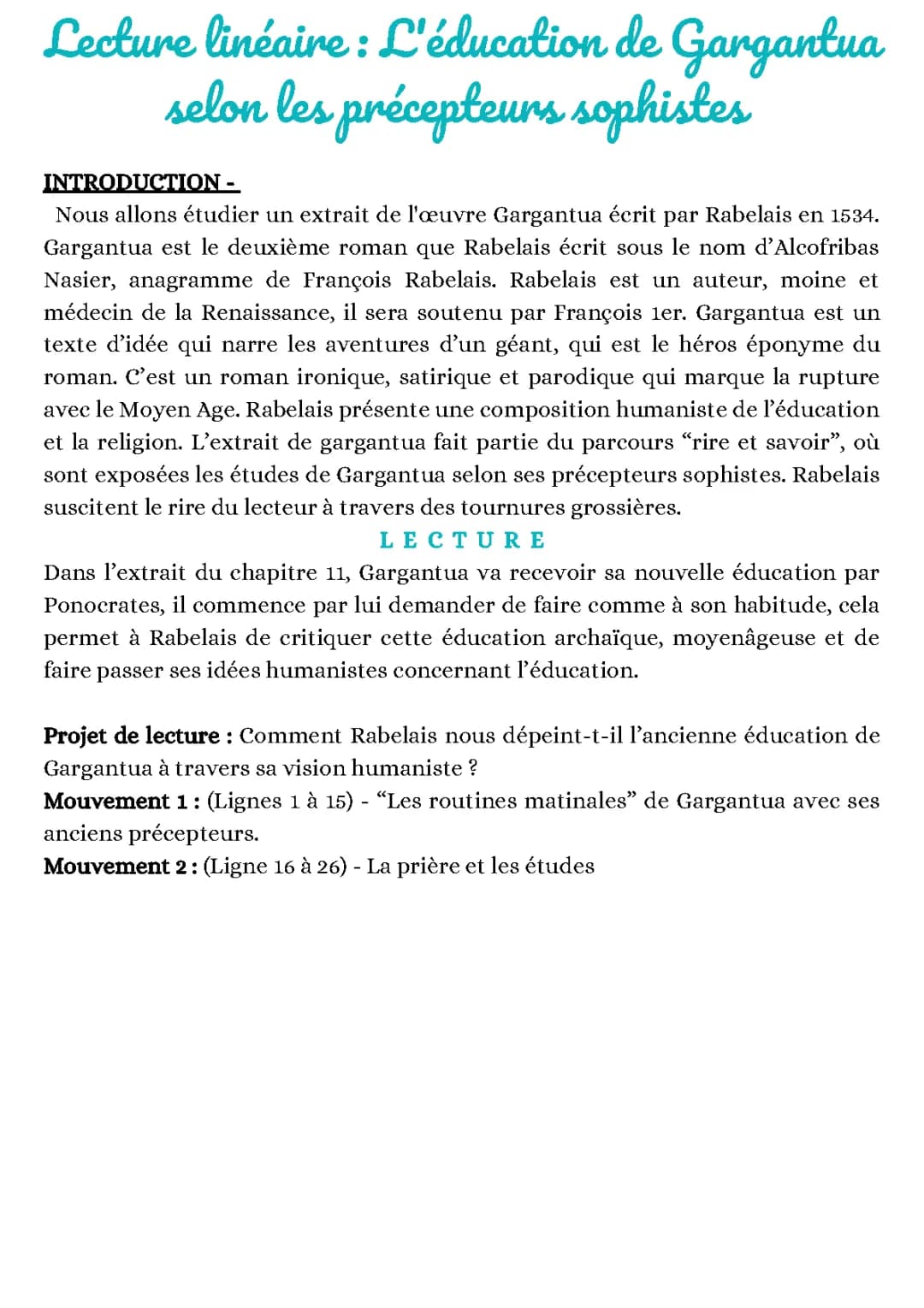 L'éducation sophiste de Gargantua : Analyse linéaire et résumés