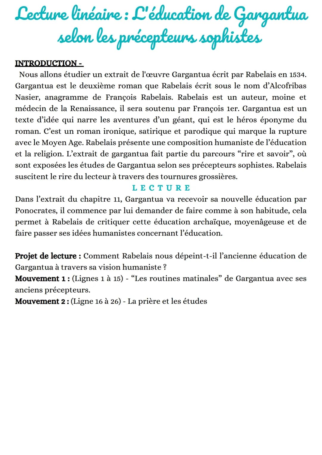 Lecture linéaire: L'éducation de Gargantua
selon les précepteurs sophistes
INTRODUCTION -
Nous allons étudier un extrait de l'œuvre Gargantu