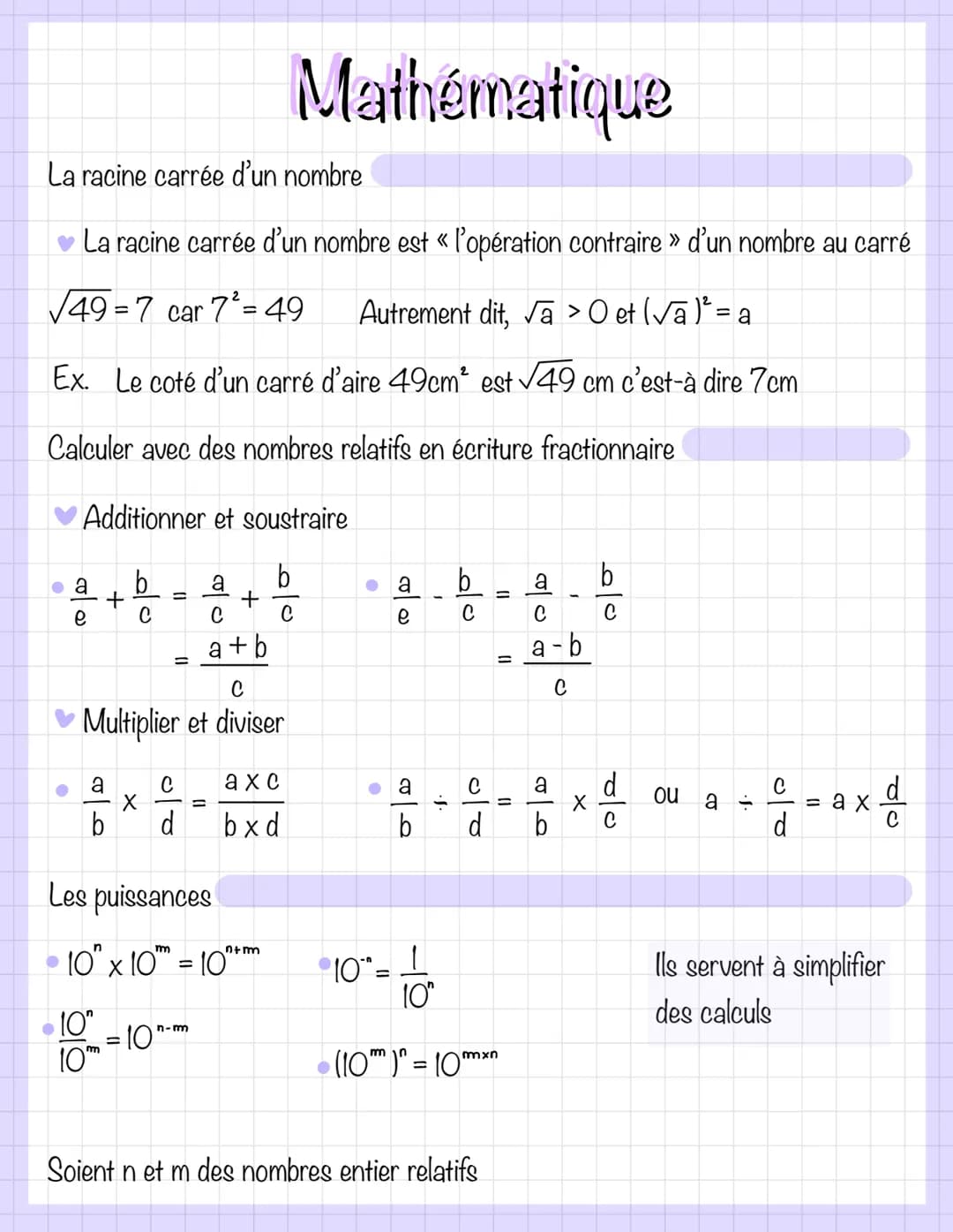 La racine carrée d'un nombre
La racine carrée d'un nombre est « l'opération contraire » d'un nombre au carré
√49-7 car 7² = 49 Autrement dit