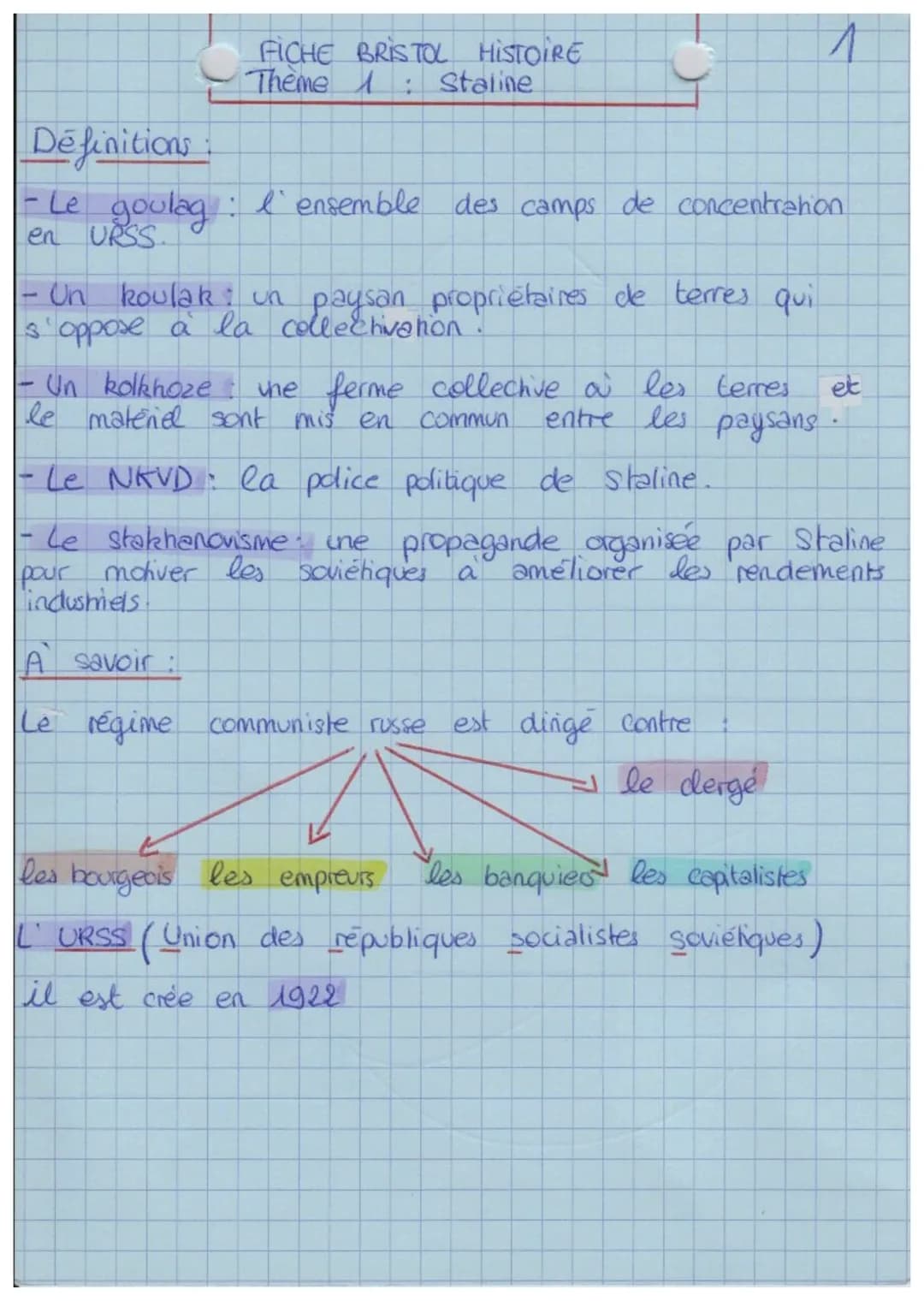 FICHE BRISTOL HISTOIRE
Theme 1 : Staline
Définitions:
- Le goulag: l'ensemble des camps de concentration
en
URSS.
- Un koulak: un paysan pro