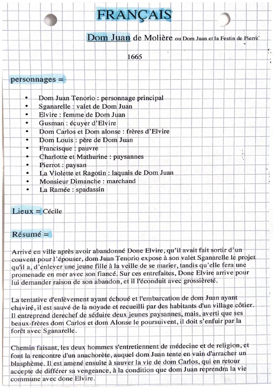 personnages =
●
●
Dom Juan Tenorio: personnage principal
Sganarelle valet de Dom Juan
FRANÇAIS
Dom Juan de Molière ou Dom Juan et la Festin 