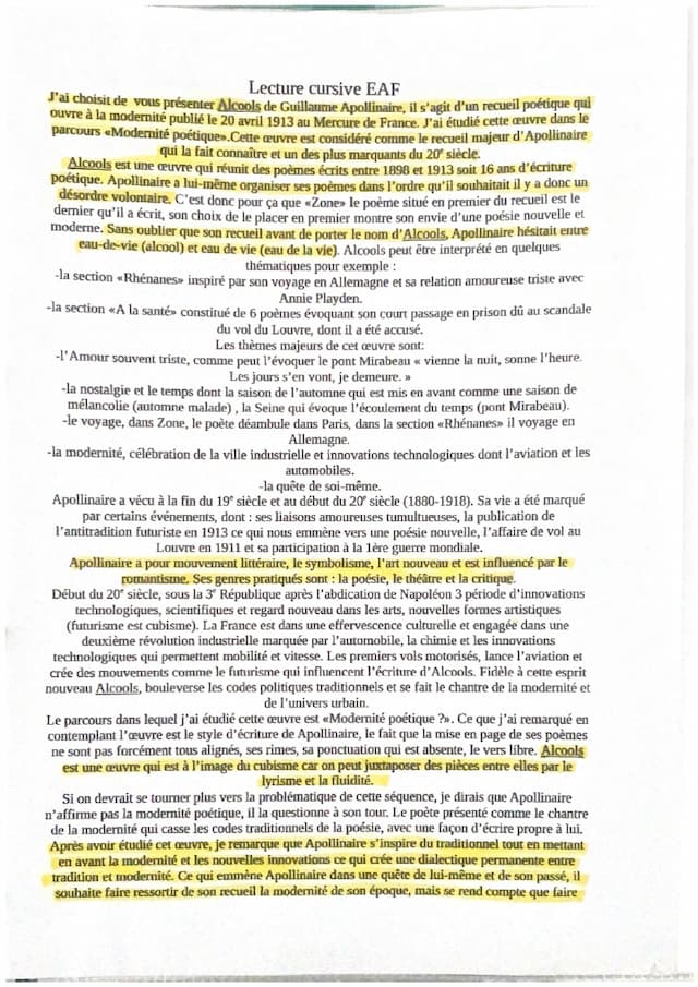 Know Oral EAF lecture cursive Alcools Apollinaire  thumbnail