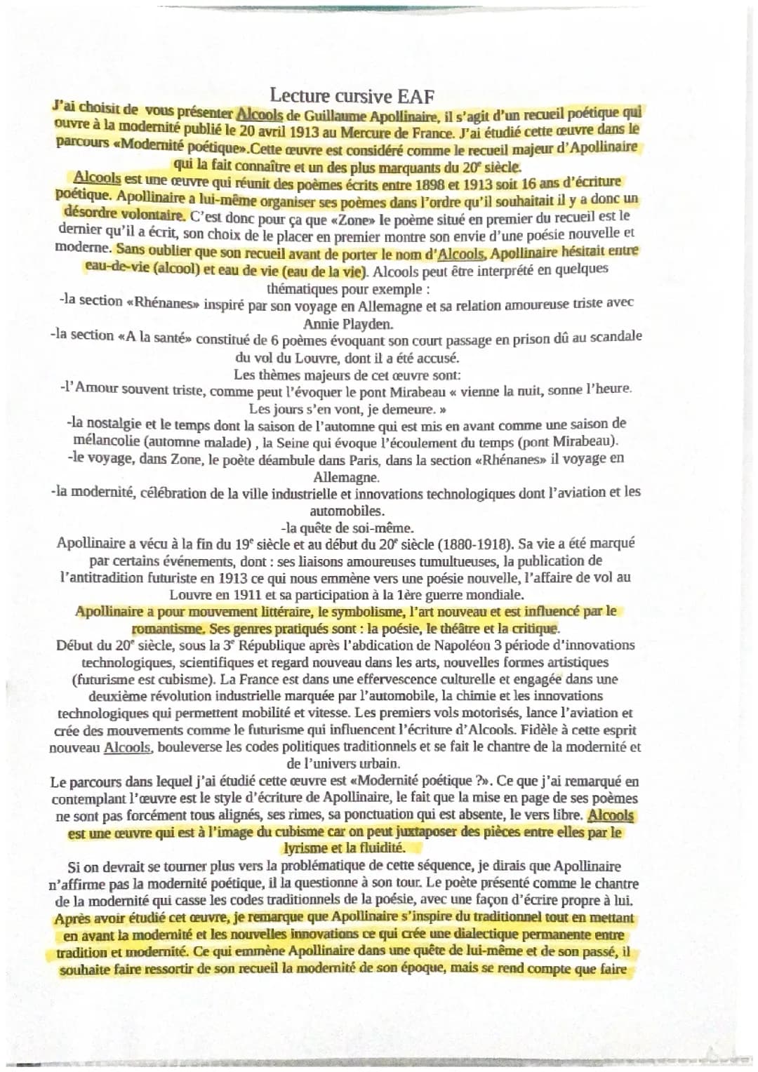 Oral EAF lecture cursive Alcools Apollinaire 
