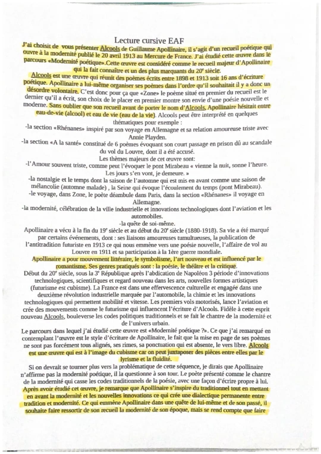 Lecture cursive EAF
J'ai choisit de vous présenter Alcools de Guillaume Apollinaire, il s'agit d'un recueil poétique qui
ouvre à la modernit