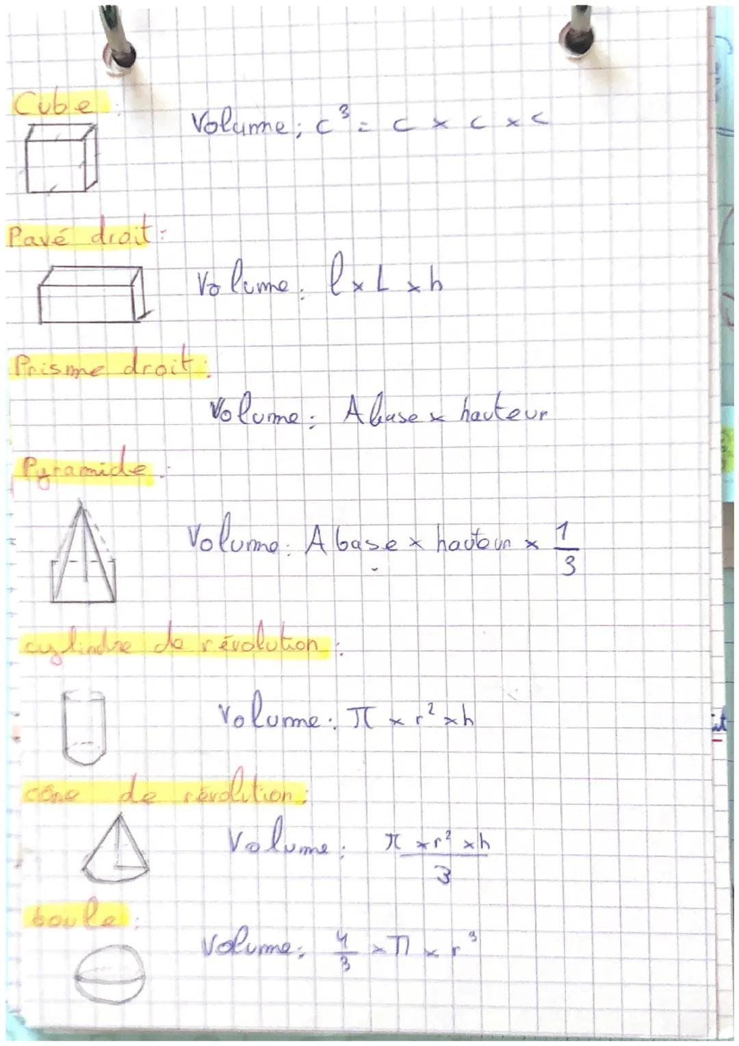 Cube
Pavé droit:
3
Volume; c ² =
I Volume l x L xb
Prisme droit
Pyramide
A
cylindre de révolution.
C X
Volume. A base x hauteur
Volume: A ba
