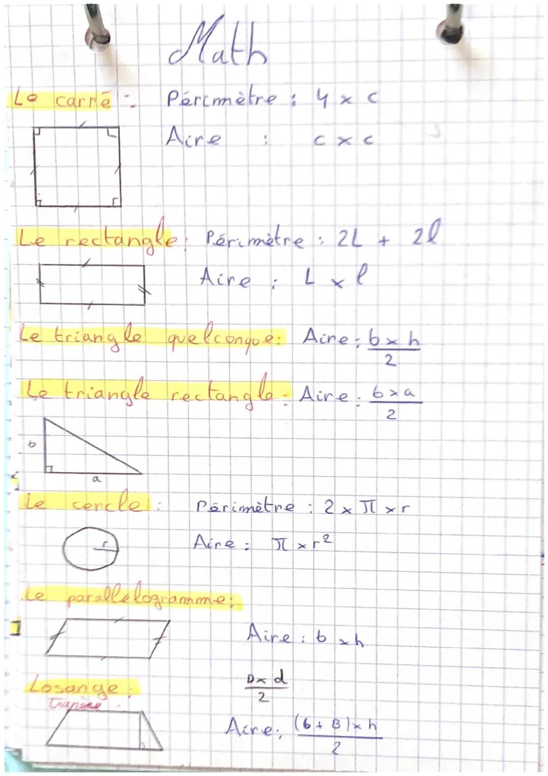Cube
Pavé droit:
3
Volume; c ² =
I Volume l x L xb
Prisme droit
Pyramide
A
cylindre de révolution.
C X
Volume. A base x hauteur
Volume: A ba