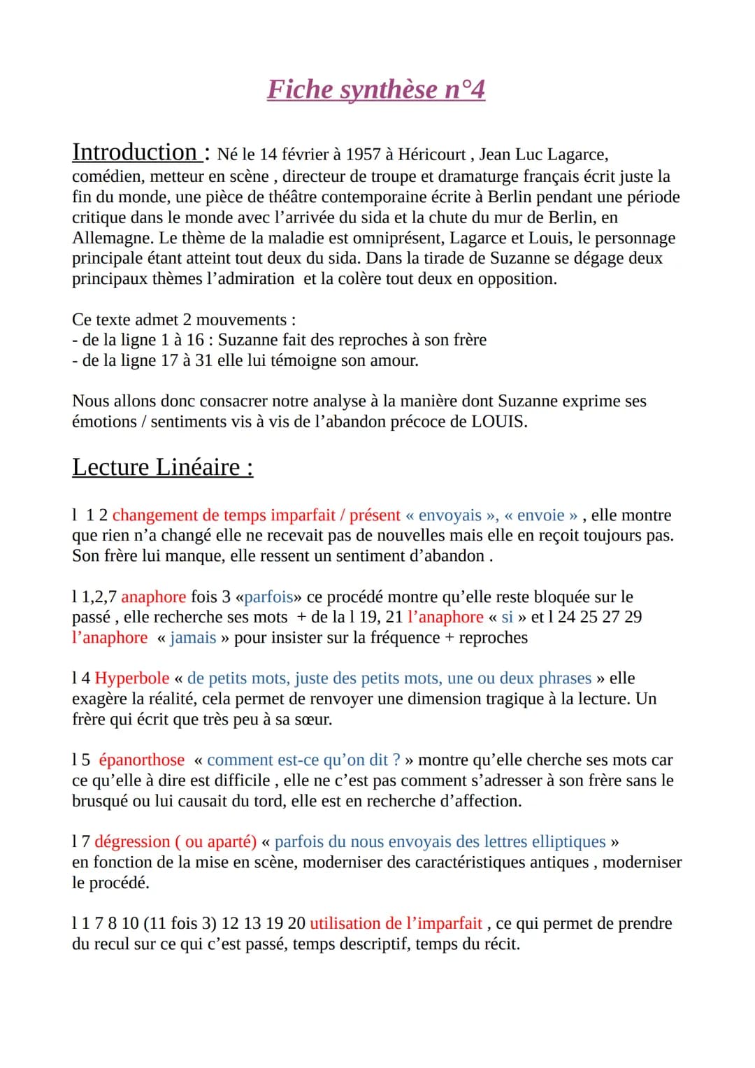 Fiche synthèse n°4
Introduction: Né le 14 février à 1957 à Héricourt, Jean Luc Lagarce,
comédien, metteur en scène, directeur de troupe et d