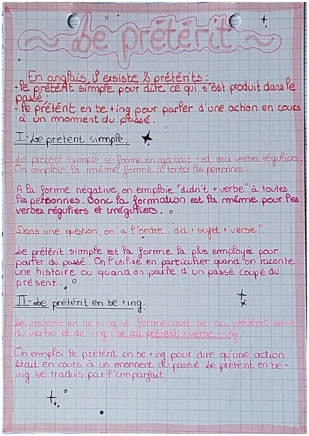 side
be prétéritie
En anglais, if exsiste & pretérits:
-Pe pretérit simple pour dite ce qui s'est produit dans le
Passe
Pe prétérit en betin