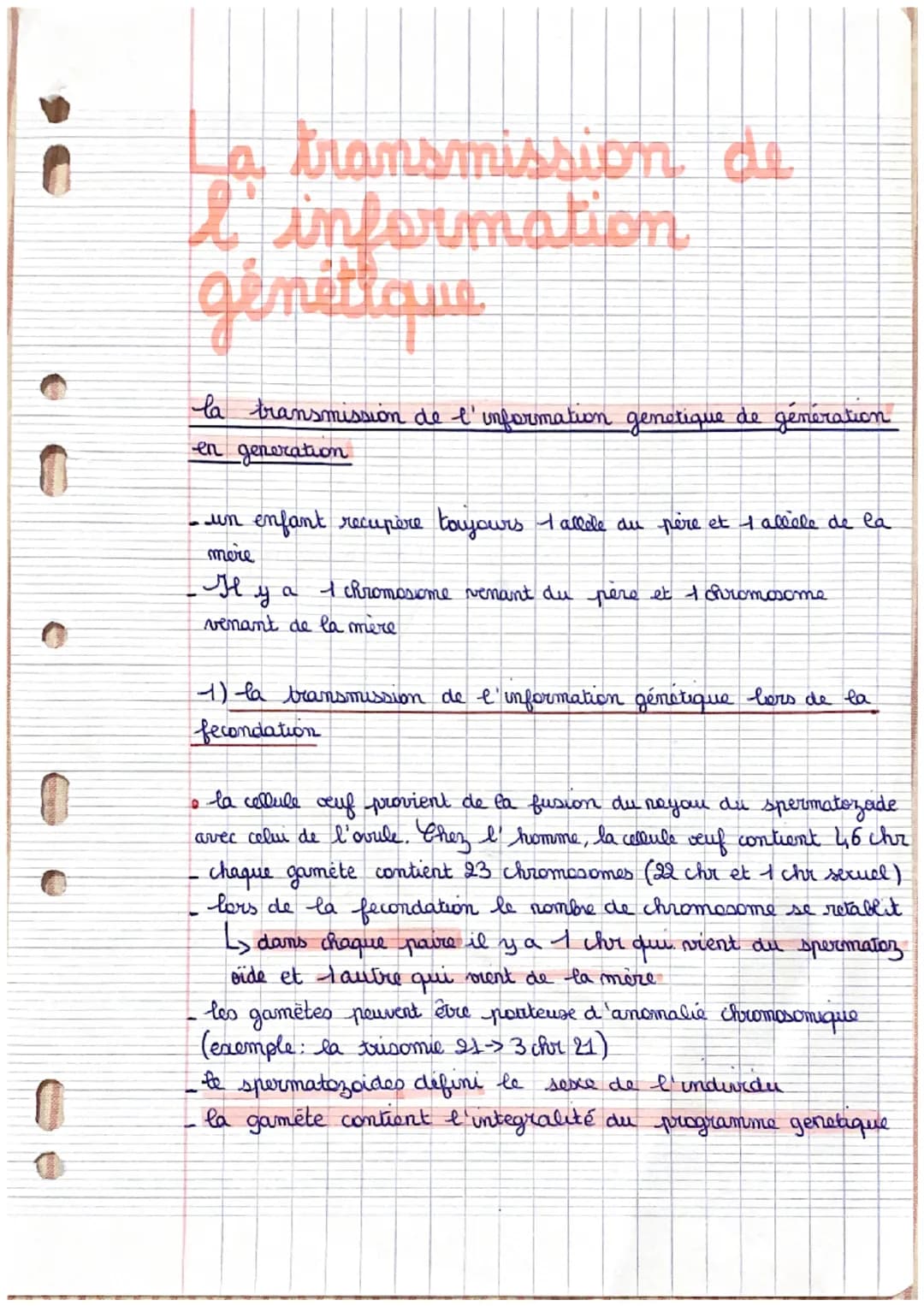 O
La transmission de
l'information
génétique
la transmission de l'information genetique de génération
en generation
- un enfant recupère tou