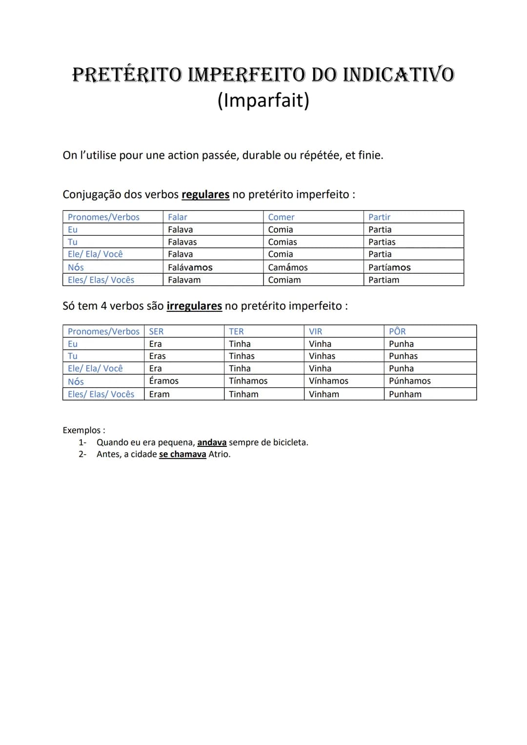 Eu
PRETÉRITO PERFEITO DO INDICATIVO
(Passé Simple)
On l'utilise pour une action passée, brève ou ponctuelle.
Conjugação dos verbos regulares