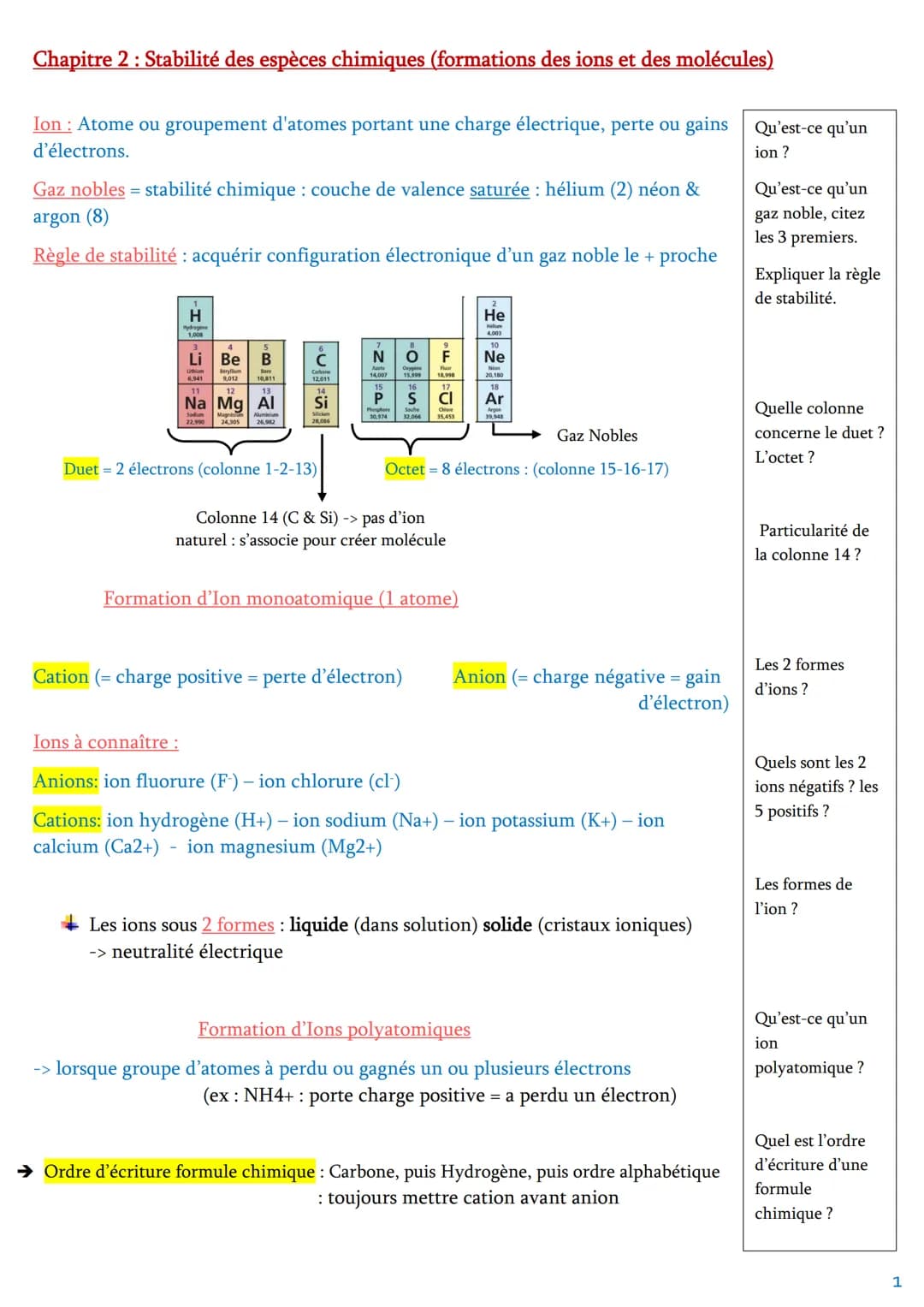 Chapitre 2 : Stabilité des espèces chimiques (formations des ions et des molécules)
Ion: Atome ou groupement d'atomes portant une charge éle