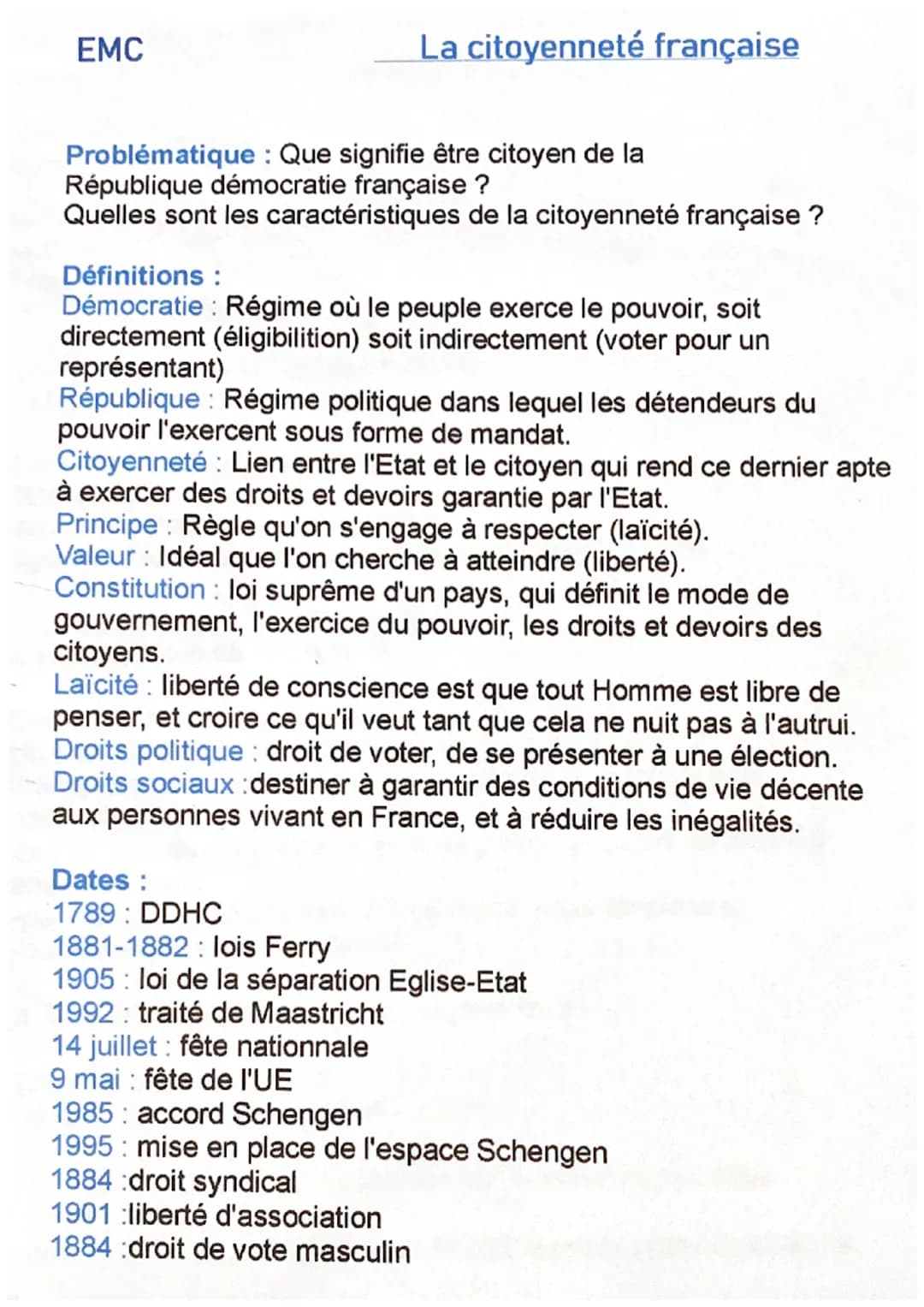 EMC
Problématique : Que signifie être citoyen de la
République démocratie française ?
Quelles sont les caractéristiques de la citoyenneté fr