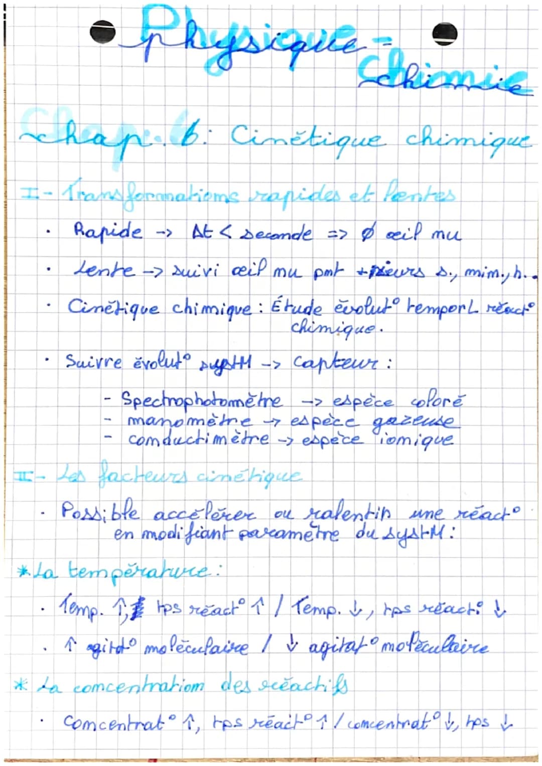 Physique
Schimsie
chap 6: Cinétique chimique
I- Transformations rapides et lentes
-> At < seconde => 8 oeil mu
.
.
Rapide
Lente -> suivi dil