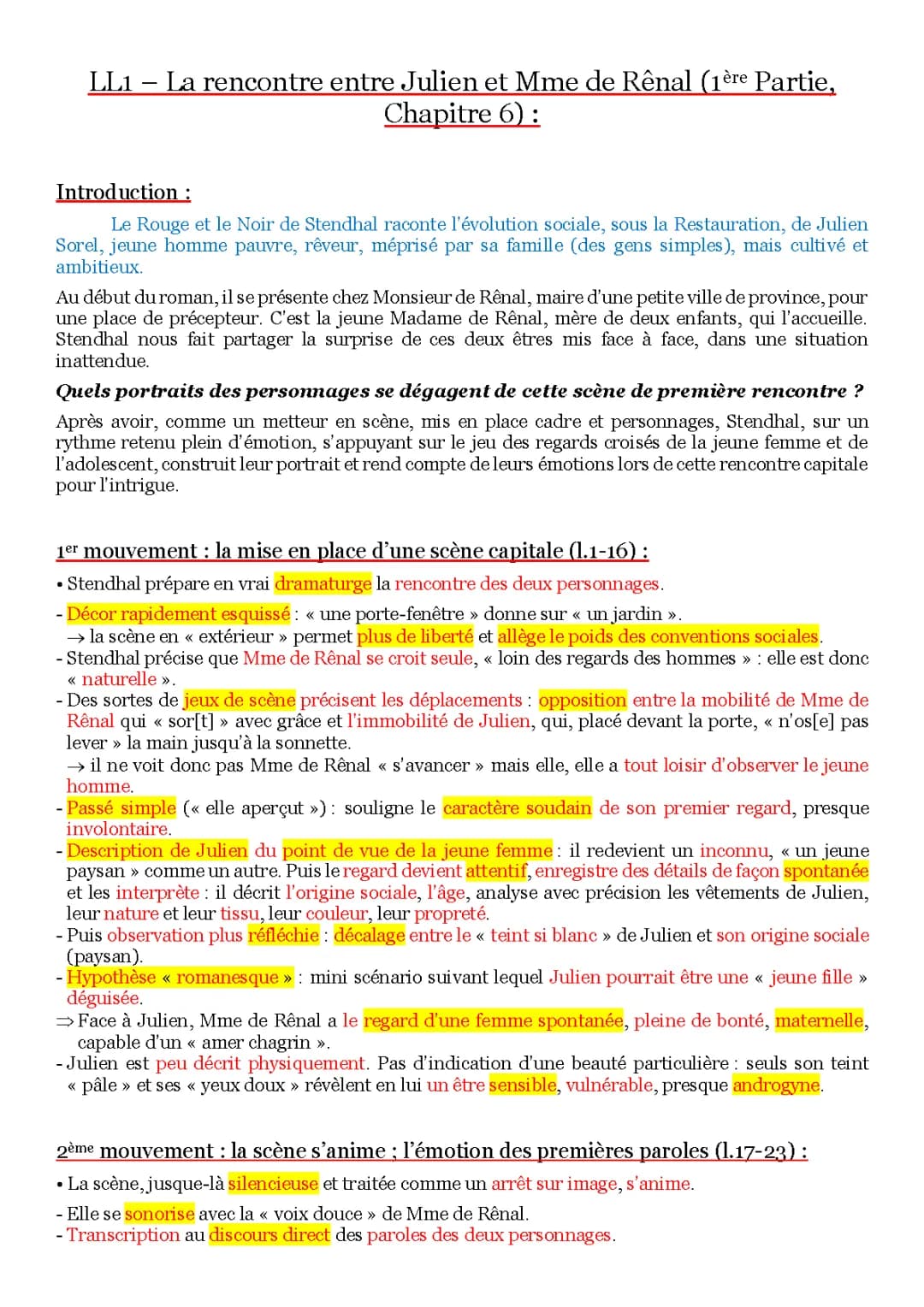 Le Rouge et le Noir Chapitre 6: Analyse linéaire et Commentaire de la Rencontre Amoureuse