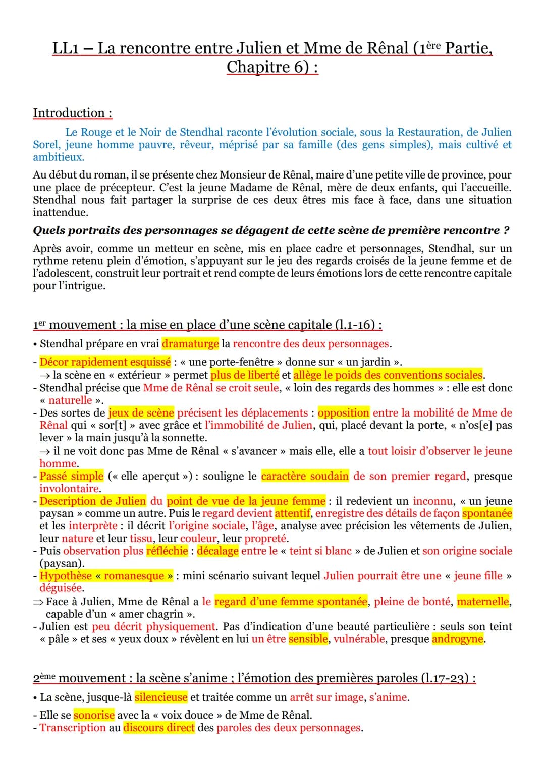 LL1 - La rencontre entre Julien et Mme de Rênal (1ère Partie,
Chapitre 6):
Introduction :
Le Rouge et le Noir de Stendhal raconte l'évolutio
