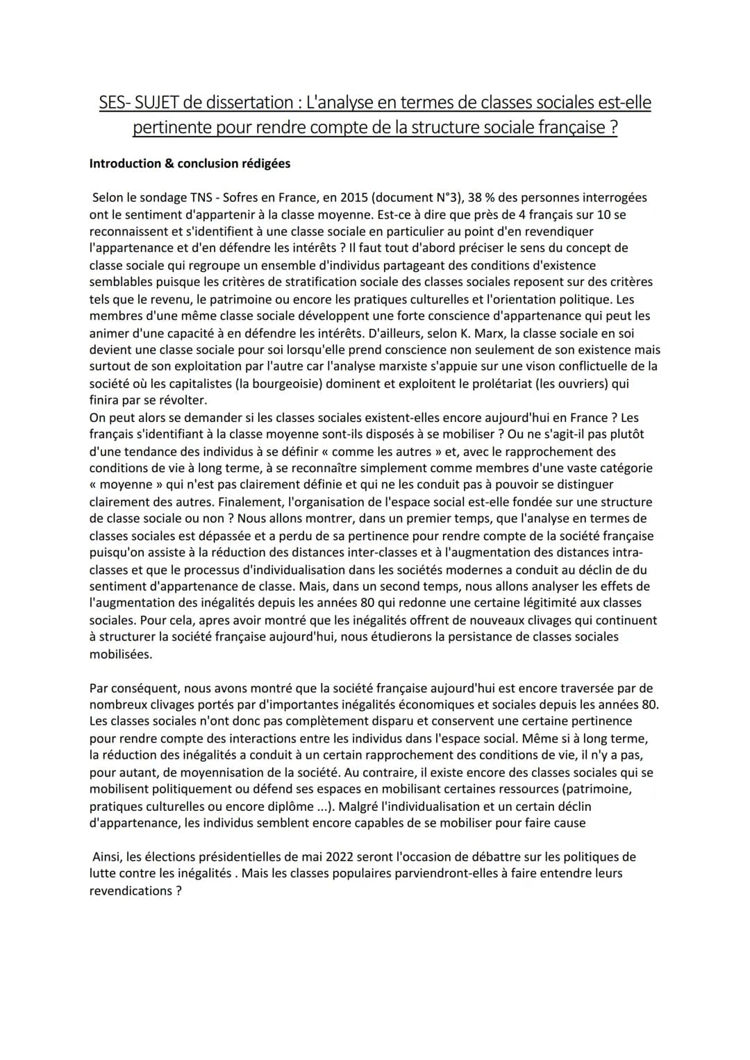 SES-SUJET de dissertation : L'analyse en termes de classes sociales est-elle
pertinente pour rendre compte de la structure sociale française